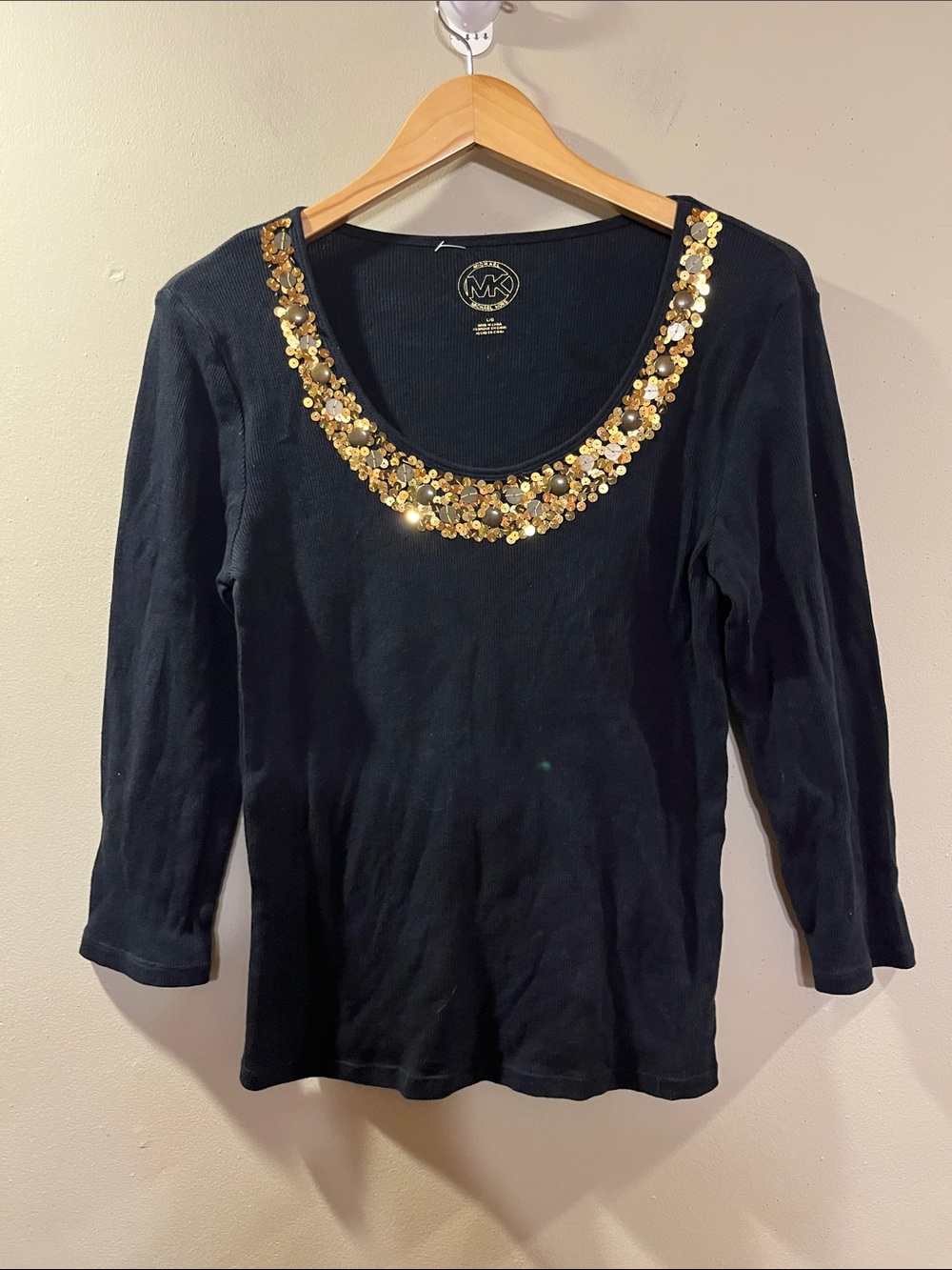 Michael Kors Black Long Sleeve Top with Gold Sequin Necklace Trim